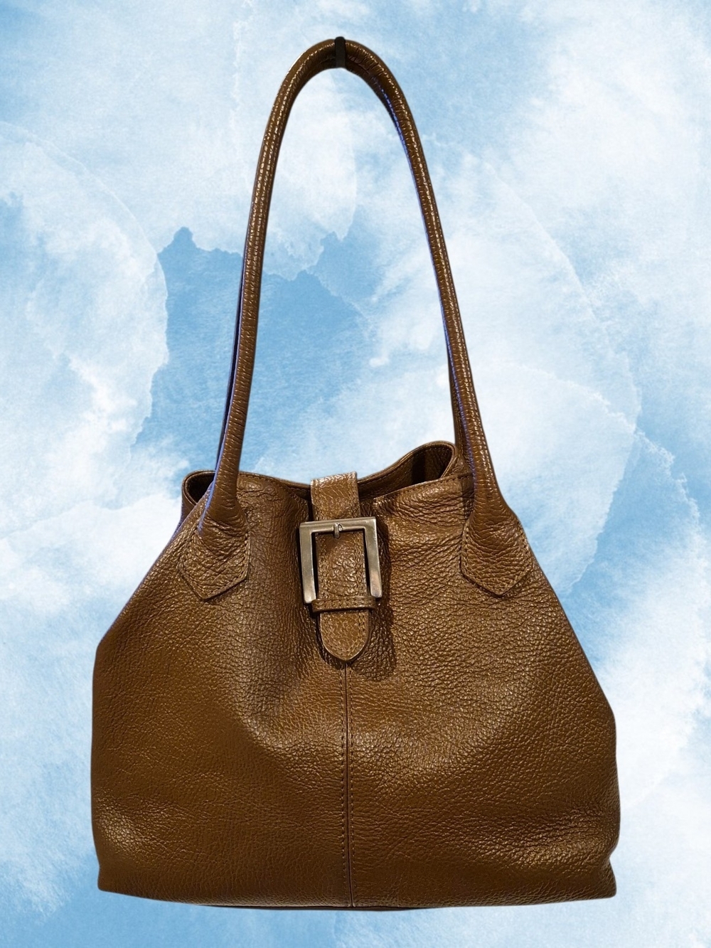 Vera Pelle Chocolate Brown Italian Pebbled Leather Slouchy Tote with Buckle